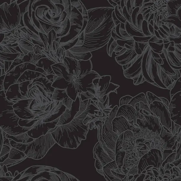 Vector illustration of Big Bloom Vintage Line Art Seamless Floral Pattern