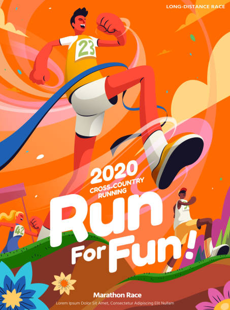 Cross-country running event poster Lively cross-country running event poster in orange tone with a man crossing the finish line poster illustrations stock illustrations