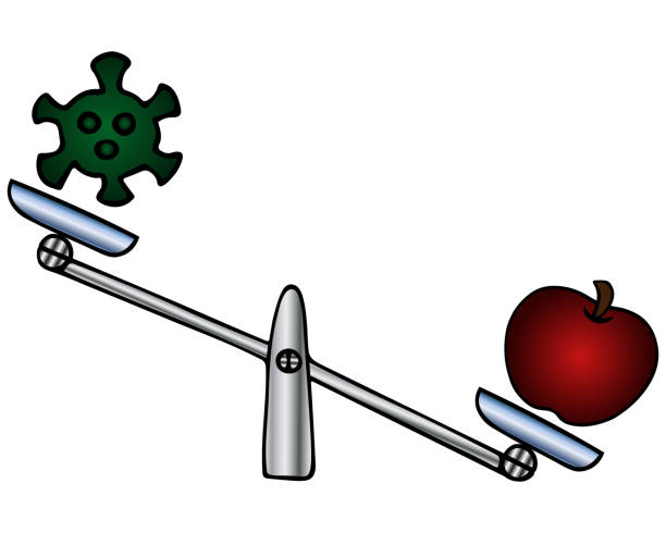 ilustrações, clipart, desenhos animados e ícones de coronavírus, maçã e escamas. comparação do vírus com a fruta. instrumento para soluções de pesagem. ilustração vetorial de cor em um fundo branco isolado. estilo desenho animado. vitaminada. conceito de saúde. - weight scale apple comparison balance