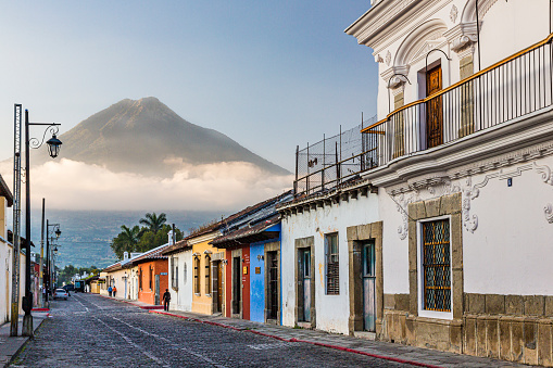 empty street of antigua in guatemala with Water volcano of background