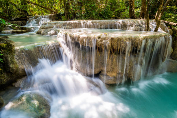 istock Waterfall and blue emerald water color in Erawan national park. 1226333669