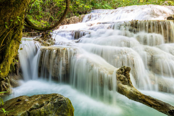 chute d’eau et couleur d’eau émeraude bleue dans le parc national d’erawan. - waterfall tropical rainforest erawan thailand photos et images de collection
