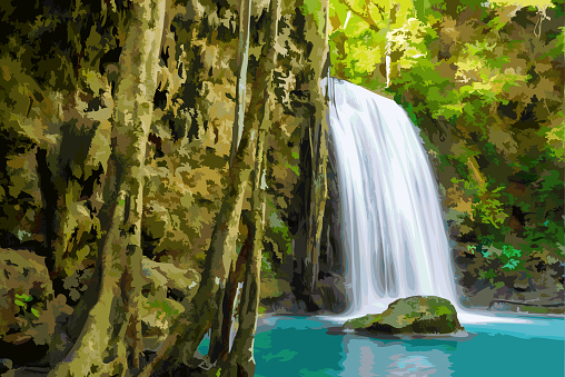 Watercolor sketch drawing brush painting of Waterfall and blue emerald water color beautiful nature rock waterfall steps in tropical rainforest.\nImage wallpaper background for interior decoration.