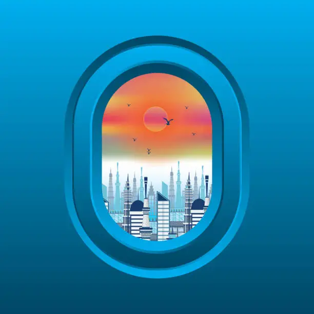 Vector illustration of Airplane window view, Sunset sky in city the airplane window