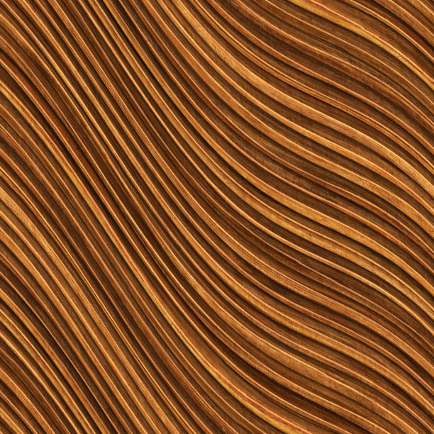 Carved waves pattern on wood background, seamless texture, 3d illustration