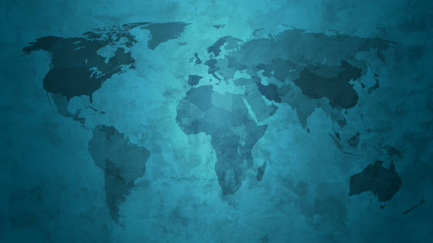 istock Grunge world map in beautiful gradient glow blue night tone. Abstract Futuristic vintage retro world background. 1226337056