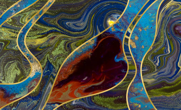 istock Green, blue and gold ripple pattern. Marble texture with layers. Gold particles. 1226341097