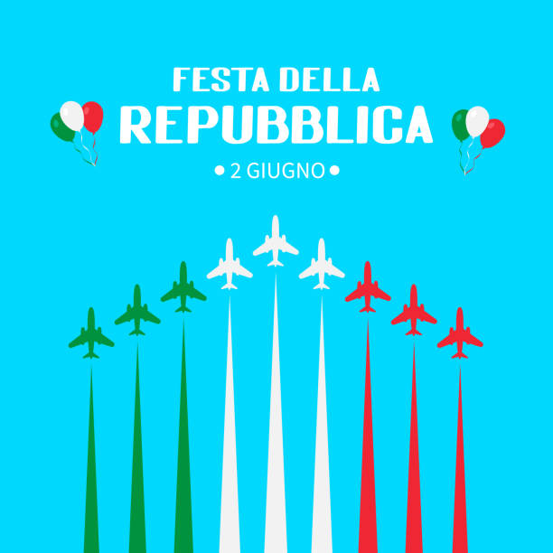Italy Republic Day June 2nd in Italian hand lettering with airplanes and air show in sky. Easy to edit vector template for typography poster, banner, flyer, sticker, t-shirt, greeting card, postcard. Italy Republic Day June 2nd in Italian hand lettering with airplanes and air show in sky. Easy to edit vector template for typography poster, banner, flyer, sticker, t-shirt, greeting card, postcard. republic day stock illustrations