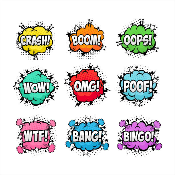 ilustrações de stock, clip art, desenhos animados e ícones de baloon text pop art style collection - comic book cartoon poof exploding