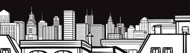 Vector illustration of Night City Landscape Vector Illustration Drawing Black & White Web Banner Design