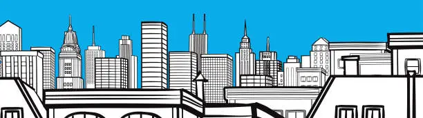 Vector illustration of City Landscape Vector Illustration Drawing Blue & Black & White Horizontal Design