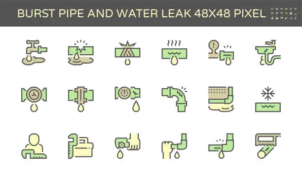 Vector illustration of Burst pipe and water leak vector icon set design, 48X48 pixel perfect and editable stroke.