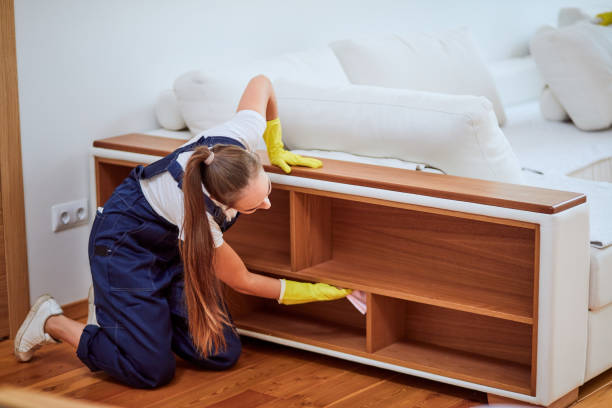istock Female janitor in protective rubber gloves wiping dust off the sofa 1226346601