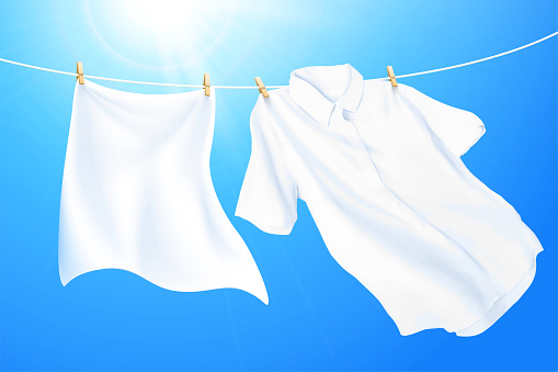 Clean and white clothes hanging on washing line against blue sky, 3d illustration