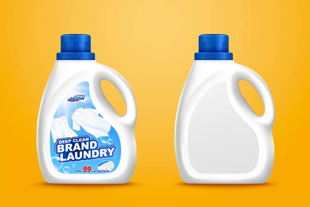 Laundry detergent bottle mockup set 3d illustration laundry detergent bottle mockup set on chrome yellow background, one with label design laundry detergent stock illustrations