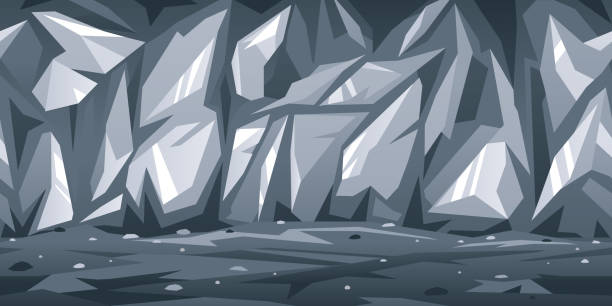 Rocky gray cave game illustration background Path is crossing the sharp rocky cave game background tillable horizontally, dark terrible empty place with rock walls and reflections of light, dangerous dungeon illustration tillable stock illustrations