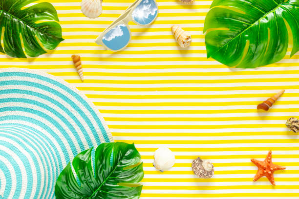 istock Summer composition. Tropical palm leaves, hat, sunglass on yellow background. Summer concept. Flat lay, top view, copy space. 1226349939
