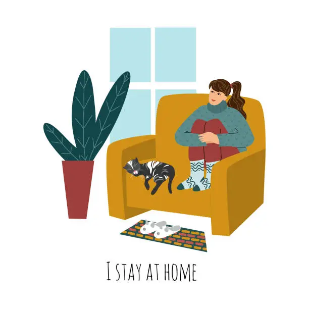 Vector illustration of I stay at home. Vector illustration with girl and cat sitting on a armchair near the window . Concept for self-isolation during quarantine