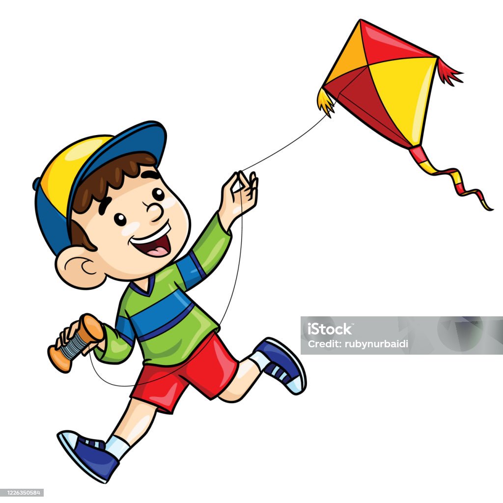Cartoon Boy Playing Kite Stock Illustration - Download Image Now - Kite -  Toy, Child, Cartoon - iStock