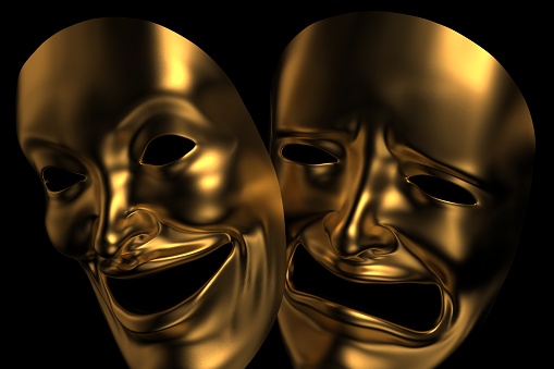 3d rendering Golden Drama and Comedy Masks isolated on black stock photo