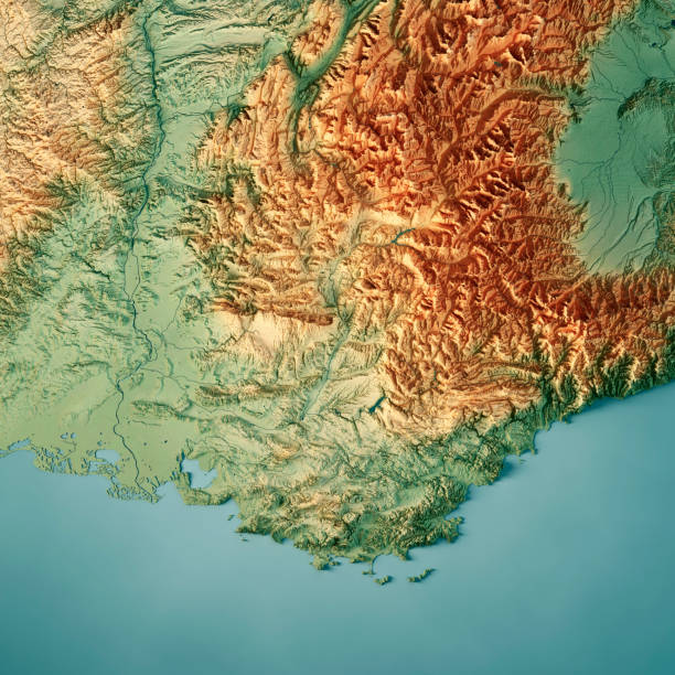 Provence Alps Cote d’Azur 3D Render Topographic Map Color 3D Render of a Topographic Map of the Provence Alps Cote d’Azur in France. 
All source data is in the public domain.
Color texture: Made with Natural Earth. 
http://www.naturalearthdata.com/downloads/10m-raster-data/10m-cross-blend-hypso/
Relief texture: NASADEM data courtesy of NASA JPL (2020). URL of source image: 
https://doi.org/10.5067/MEaSUREs/NASADEM/NASADEM_HGT.001
Water texture: SRTM Water Body SWDB:
https://dds.cr.usgs.gov/srtm/version2_1/SWBD/
Boundaries Level 0: Humanitarian Information Unit HIU, U.S. Department of State (database: LSIB)
http://geonode.state.gov/layers/geonode%3ALSIB7a_Gen provence alpes cote dazur stock pictures, royalty-free photos & images