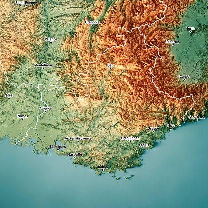 3D Render of a Topographic Map of the Provence Alps Cote d’Azur in France. Version with Boundaries and Cities.\nAll source data is in the public domain.\nColor texture: Made with Natural Earth. \nhttp://www.naturalearthdata.com/downloads/10m-raster-data/10m-cross-blend-hypso/\nRelief texture: NASADEM data courtesy of NASA JPL (2020). URL of source image: \nhttps://doi.org/10.5067/MEaSUREs/NASADEM/NASADEM_HGT.001\nWater texture: SRTM Water Body SWDB:\nhttps://dds.cr.usgs.gov/srtm/version2_1/SWBD/\nBoundaries Level 0: Humanitarian Information Unit HIU, U.S. Department of State (database: LSIB)\nhttp://geonode.state.gov/layers/geonode%3ALSIB7a_Gen