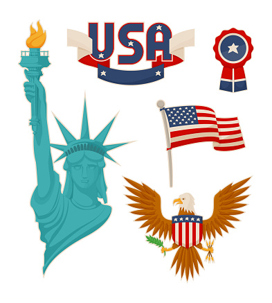 USA national symbolisms color, vector illustration Statue of liberty, flag image near eagle with shield, bundle stripes and ribbon, badge symbols