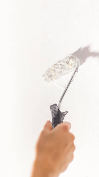 istock Human hand with small paint roller begins to paint a white wall craft education contrast color sample color test tool renovation do it yourself 1226359704