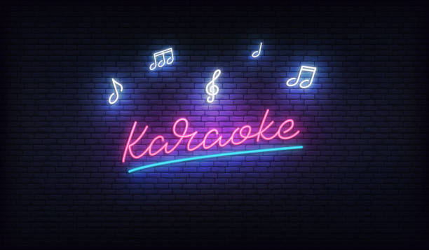 Karaoke neon. Neon sign with music notes and Karaoke lettering Karaoke neon. Neon sign with music notes and Karaoke lettering. neon music notes stock illustrations