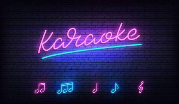 Karaoke neon template. Neon sign with Karaoke lettering and music notes Karaoke neon template. Neon sign with Karaoke lettering and music notes. neon music notes stock illustrations