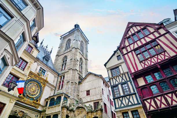 Big Clock clock, Rouen The Great Clock or Gros Horloge in Rouen, Normandy rue du gros horloge photos stock pictures, royalty-free photos & images