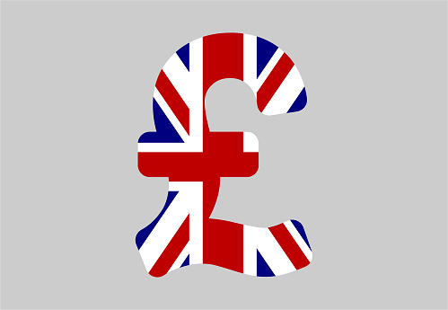 Symbol of a British pound currency (GBP) in colors of a flag of the Great Britain.