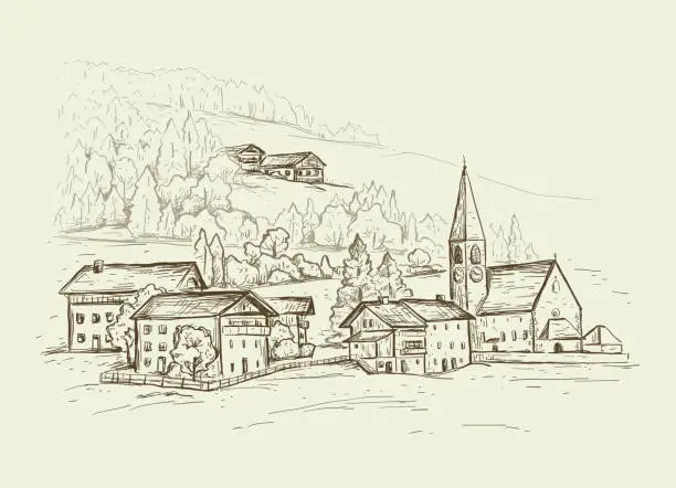 Vector illustration of Rural landscape. Italy, Europe. Santa Maddalena. Sketch vector illustration with a church, village houses on the hill.