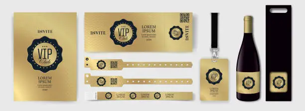 Vector illustration of Set with design templates for VIP invitation, access bracelets, lanyard, ticket, wine bottle and wine packaging. Golden and black colors.
