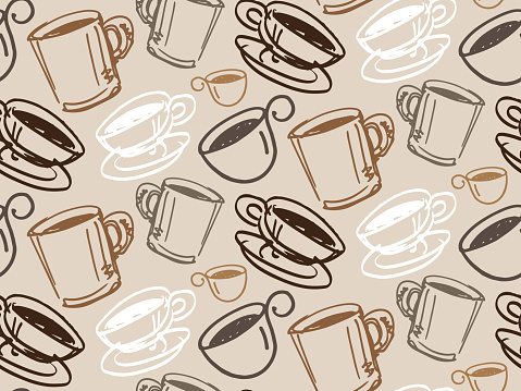 Hand drawn doodle pattern background - coffee time. Coffee cup texture.