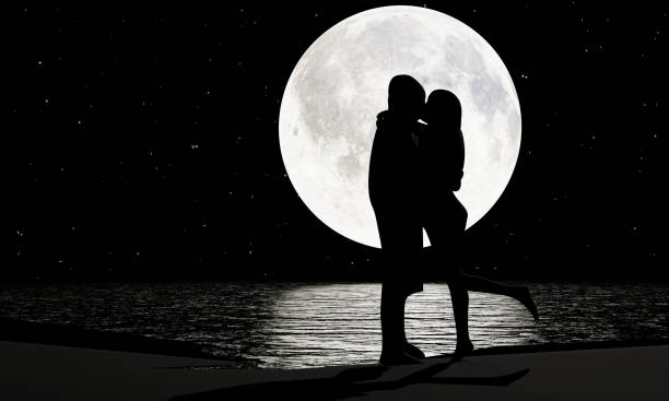 Silhouette Lovers Kissing Romanticly Hay Una Luna Llena Y Una Estrella  Llena Del Cielo Como Fondo El Reflejo De La Luna Se Refleja En El Río  Propuestas De Romance Y Matrimonio Renderizado