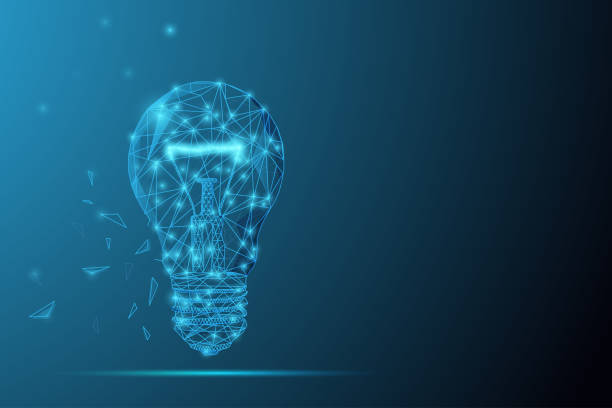 istock Futuristic glowing low polygonal electric light bulb made of stars, lines, dots, triangles isolated on dark blue background. Motivational concept. 1226374350