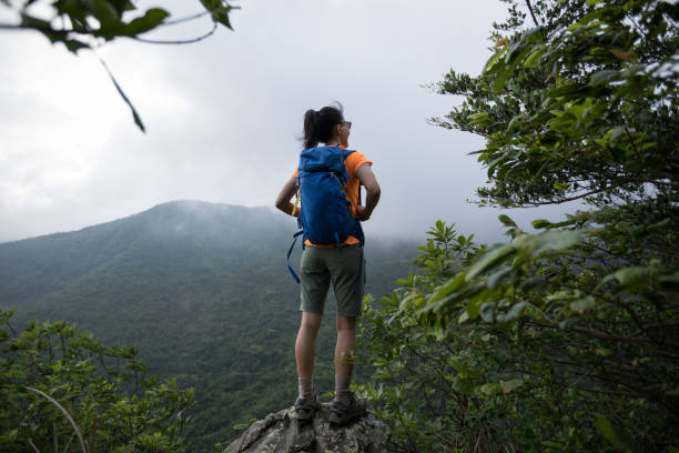 istock Successful hiker looking at the view on mountain top cliff edge 1226374692