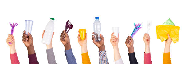 Plastic waste in hands isolated on white background