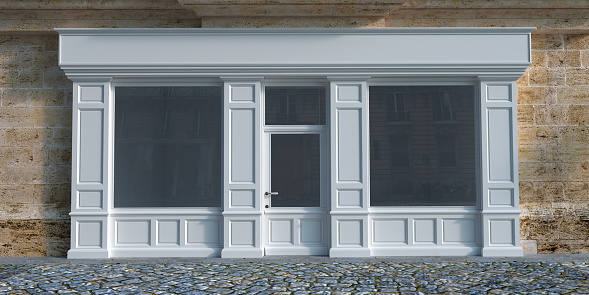 3D rendering of a traditional storefront façade with white wood.