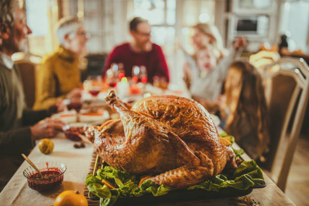 close up of thanksgiving turkey on dining table. - christmas turkey imagens e fotografias de stock
