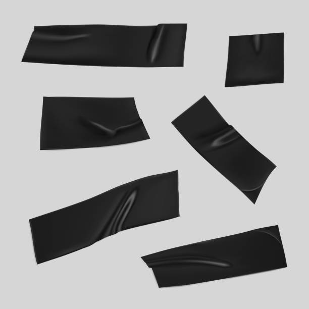 istock Black duct tape set. Realistic black adhesive tape pieces for fixing isolated on gray background. Scotch paper glued. Realistic 3d vector illustration 1226379477