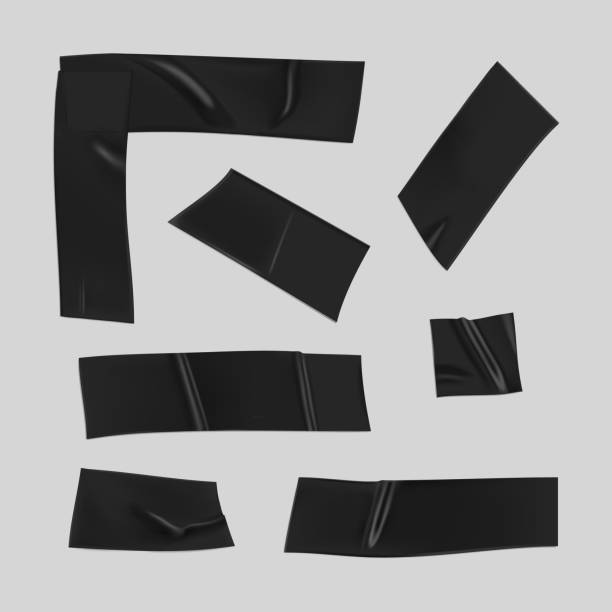 istock Black duct tape set. Realistic black adhesive tape pieces for fixing isolated on gray background. Scotch corner and paper glued. Realistic 3d vector illustration 1226379517