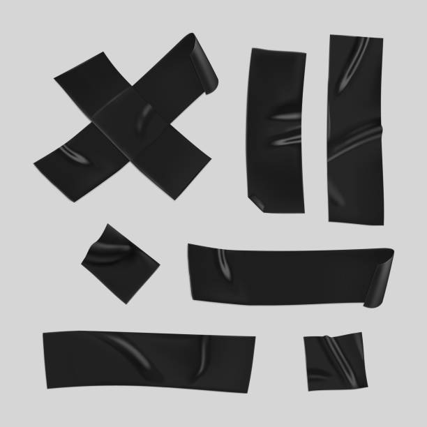 istock Black duct tape set. Realistic black adhesive tape pieces for fixing isolated on gray background. Scotch cross and paper glued. Realistic 3d vector illustration 1226379537