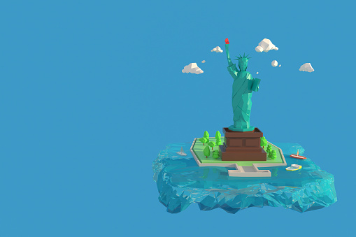 3D illustrator Statue of Liberty or Liberty Enlightening the World in New York, USA. 3d rendering Low Polygon Geometry Background. Abstract Polygonal Geometric Shape. Lowpoly Minimal Style Art.