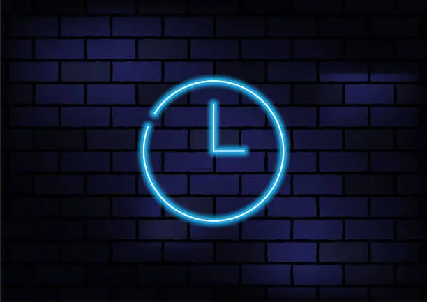 Vector illustration of Clock icon Blue Neon Light On Dark Brick Wall.