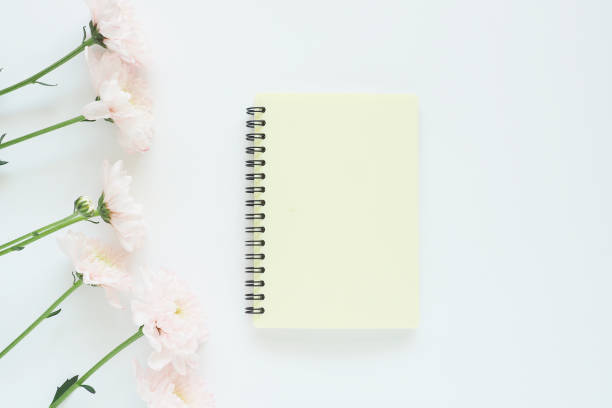 istock mock up yellow notebook on a spring and six soft pink chrysanthemums on a white background. Space for text. 1226385993