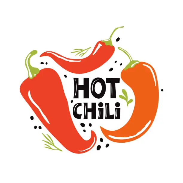 Vector illustration of Handwritten quote hot chili with red peppers and graphic elements on a white background. Сoncept of healthy, organic vegetables. Hand drawn Doodle style. Healthy food diet, farm products. Vector flat