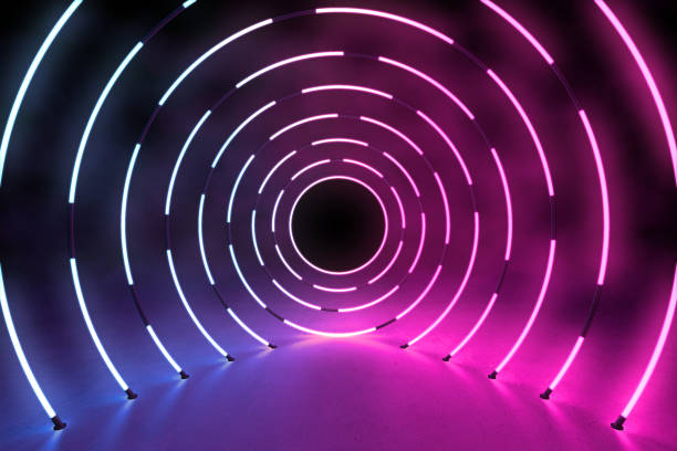 istock Ultraviolet 3D neon light background with circle tunnel in concrete floor and cement wall, 3d rendering of holographic technology for virtual reality pink cyan spectrum 1226388952