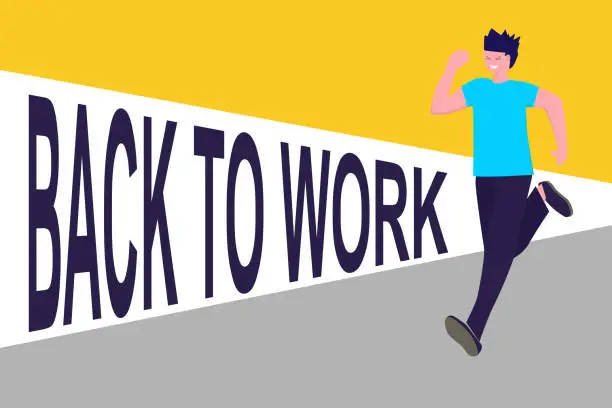 Vector illustration of Happy man running to work after quarantine. Man missed job, colleagues meeting and social contacts. Vector illustration in flat. Can used for banner, website design, web page, social media. point